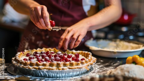 Person decorating a cherry tart in the kitchen. photo