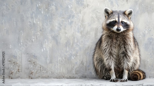 A raccoon sitting against a concrete backdrop. photo