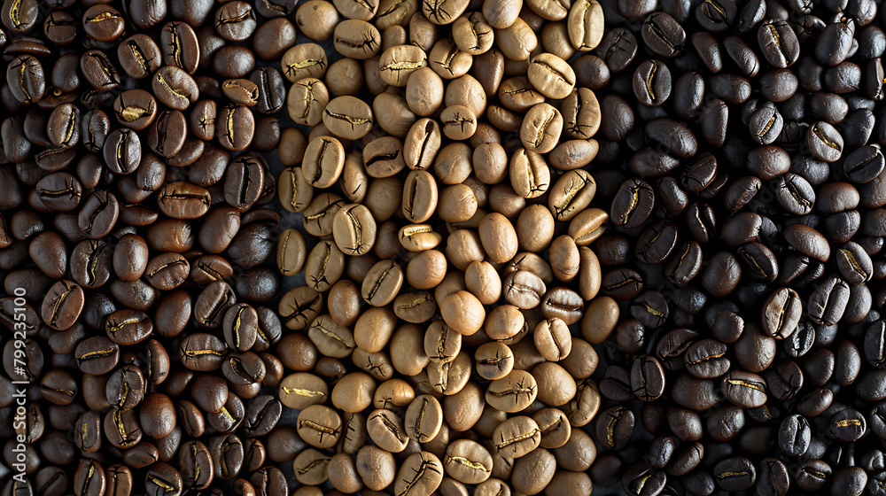 Fototapeta premium Different roads level of coffee bean, wallpaper, choosing the power source of caffeine based on personal preference