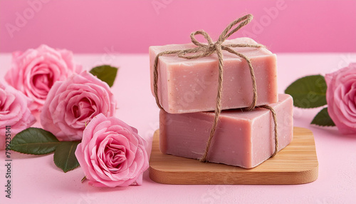 Close-up of handmade soap bar and roses. Spa and selfcare organic product.