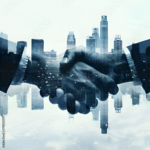 Business agreement contact, handshake in the city, partnership handshake, businness innovation handshake picture overlay wwith cityscape concept photo