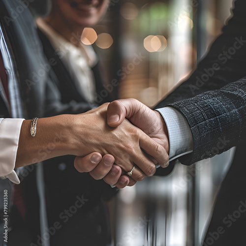 Business agreement contact, handshake in the city, partnership handshake, businness innovation handshake picture overlay wwith cityscape concept photo