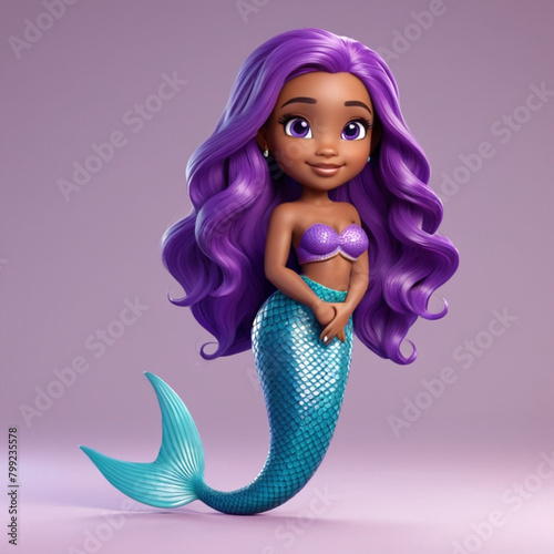 African american cute mermaid with purple fishtail vector.eps