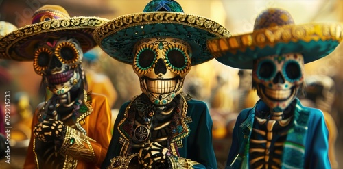 Cheerful skeletons in Mexican sombrero hats