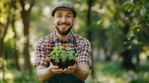 Positive young male gardener holding seedlings in his hands close-up in the garden