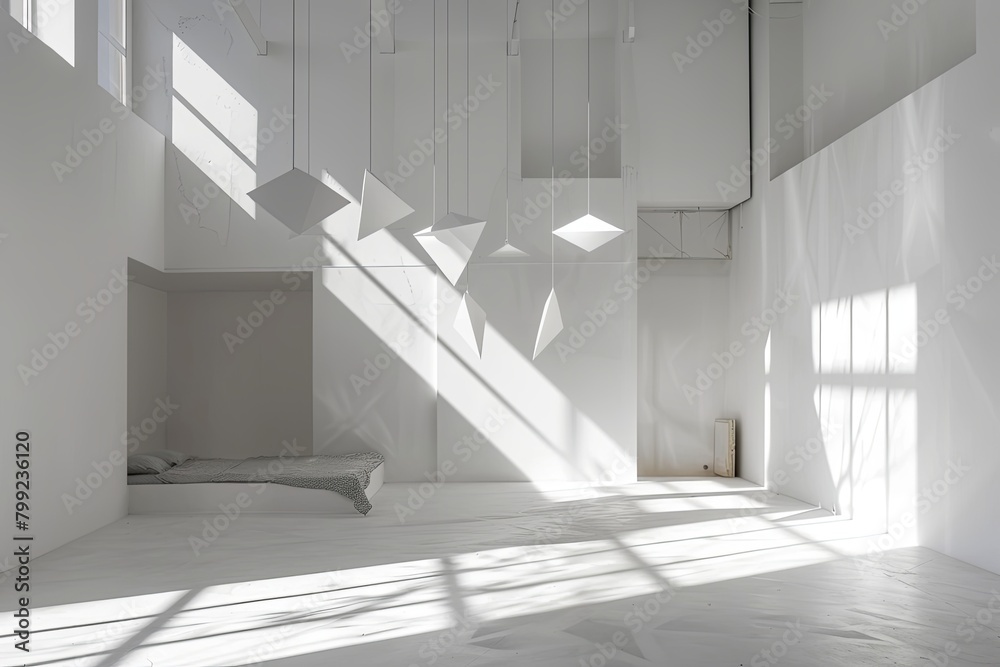 Obraz premium Minimalistic White Bedroom: Geometric Light Fixtures in a Clean, Bright Indoor Space