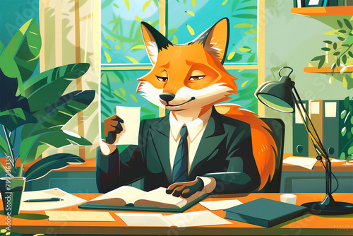 An AI generative image of cartoon fox working in the office. Fox personalities are ambitious and driven to succeed.