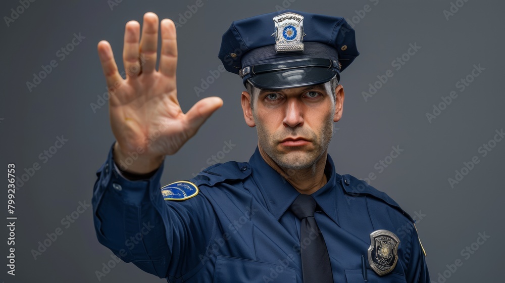 Commanding Police Officer in Uniform Giving Stop Gesture, Authority and Law Enforcement in Action