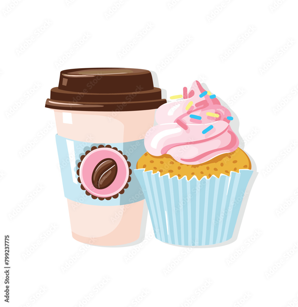 Coffee cup and muffin simple flat style vector illustration