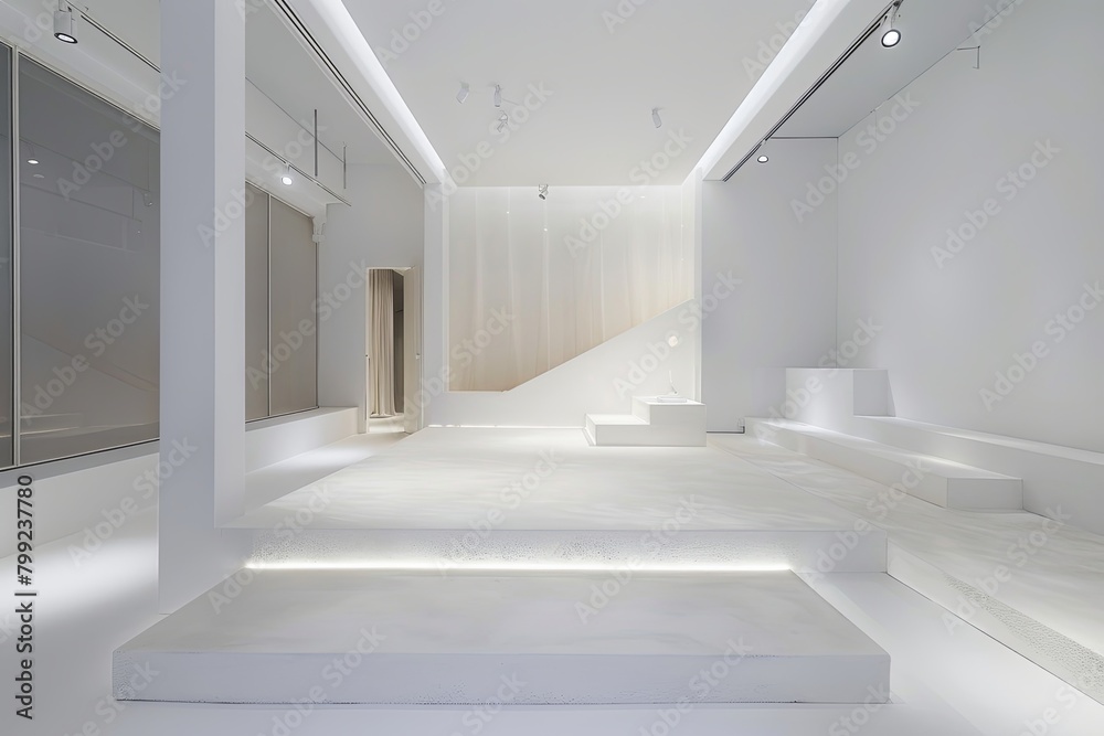 Obraz premium Minimalist White Interior Design: Luxury Fashion Boutique Spotlighting Textures