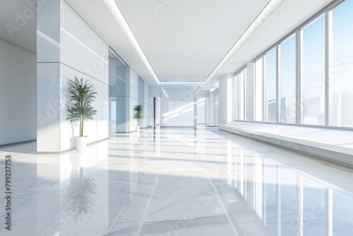 White Reflections: Modern Gallery Space with Marble Lobby and Window View © Michael