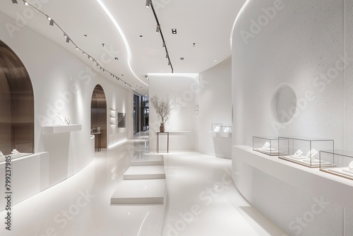 Minimalist White Room: Elegant Jewelry Boutique Showcase Design