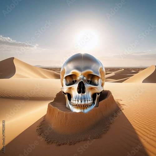 a metal human skull in the desert, dunes in background.generative ai