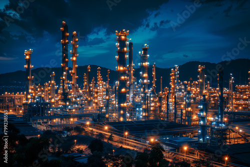 Night View of Oil Refinery and Petrochemical Tower in the Oil and Gas Industry
