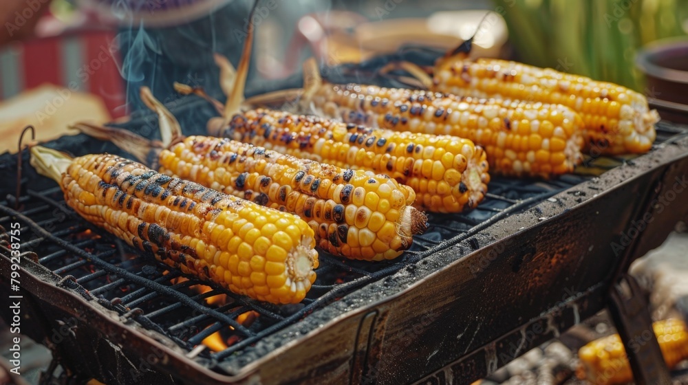 Grilled corn on a barbecue emitting smoke Grilled corn on a barbecue emitting smoke