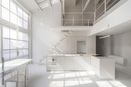 Minimalist White Loft: Monochromatic Light Kitchen with High Ceilings