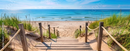 A wooden staircase leads to the beach  surrounded by sand dunes and green grasses under clear blue skies.