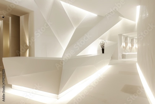 Minimalistic White Geometry  Spa Reception with Ambient Lighting at a Bright Museum Loft