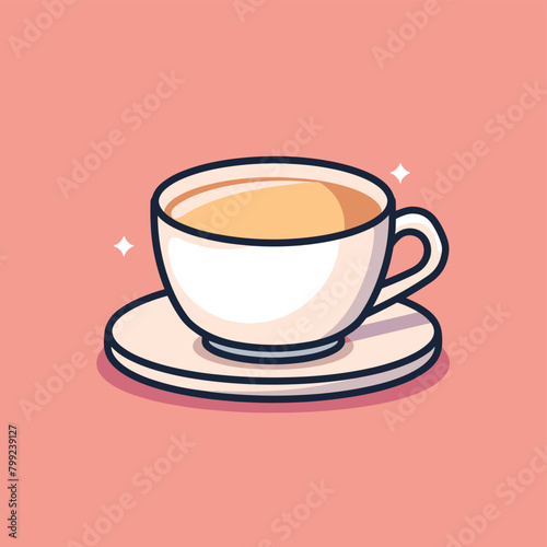 Illustration of a coffee cup filled with coffee on a pink background.