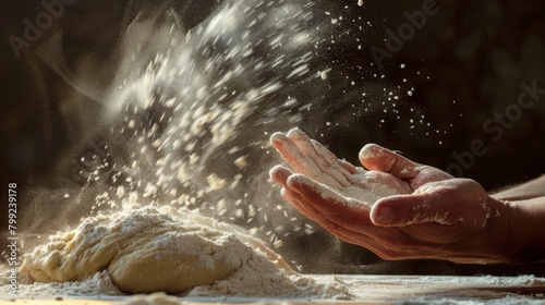 Hands Dusting Flour on Dough