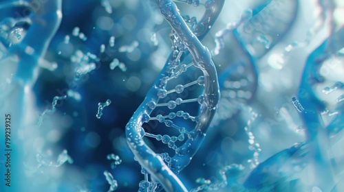 A blue and white image of a DNA strand. The image is abstract and has a futuristic feel to it