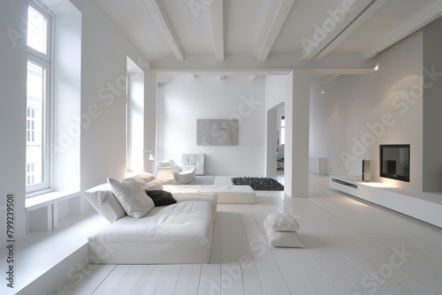 Minimalistic White Interior Decoration: Modern Loft Living Room Concept