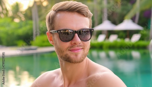 Young man in swimsuit and sunglasses near swimming pool at tropical resort