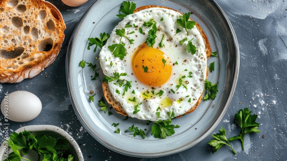 Breakfast on the terrace with eggs and parsley accompanied by a slice of bread with butter