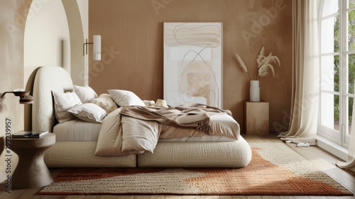 Elegant and cozy bedroom interior with soft natural tones and sunlight