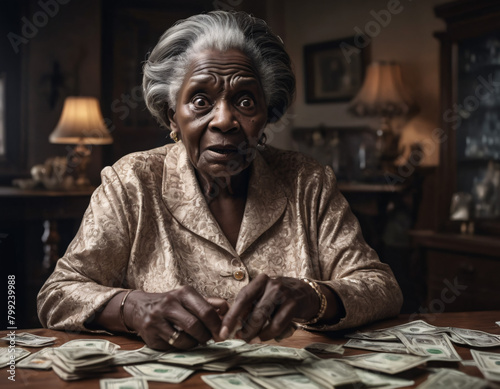 An elderly African American woman is like a fortune teller about money. AI generated.