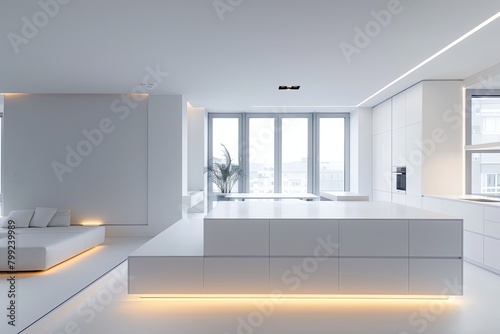 Modern White Kitchen with Under-Counter Lighting and Window View - Contemporary Interior Design for Minimalistic Apartments