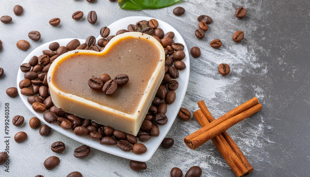 Close-up of handmade soap bar in shape of heart and coffee beans. Spa and selfcare organic product. Close-up of handmade soap bar in shape of heart and coffee beans. Spa and selfcare organic product.