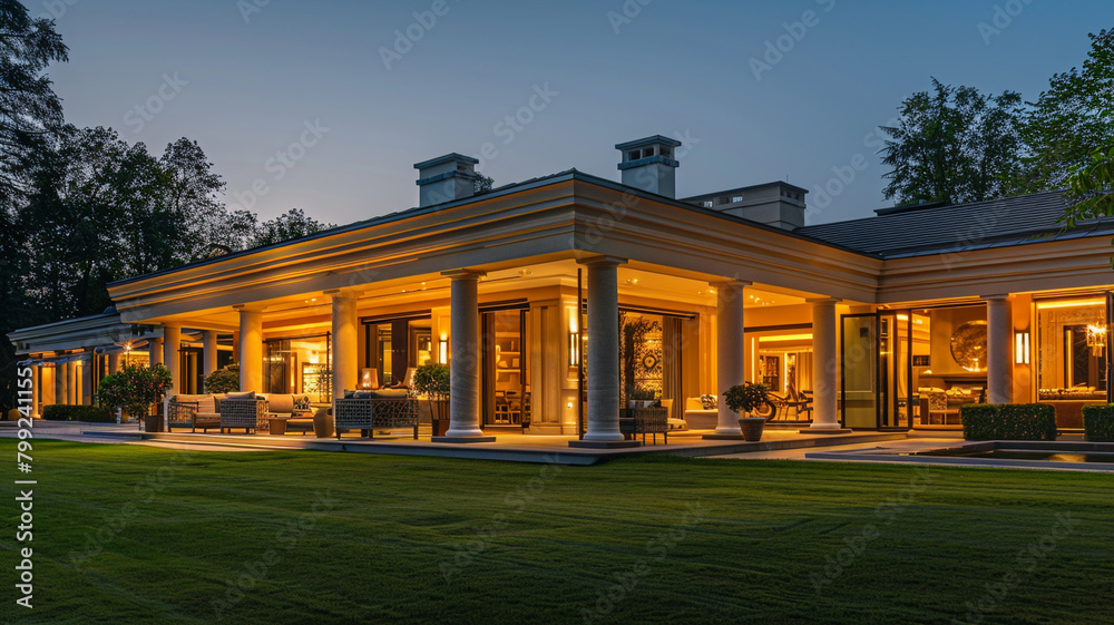 Serene dusk portrayal of a luxe abode warm indoor hues swanky patio and polished lawn.