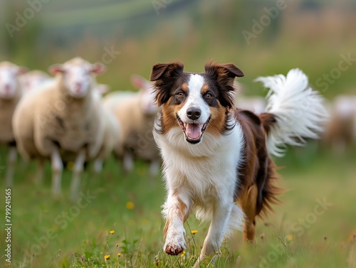 A dog is running through a field with a herd of sheep. The dog is the only one that is not following the sheep