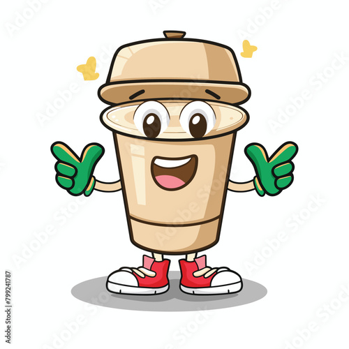 Cute cartoon coffee cup mascot character flat vector illustration