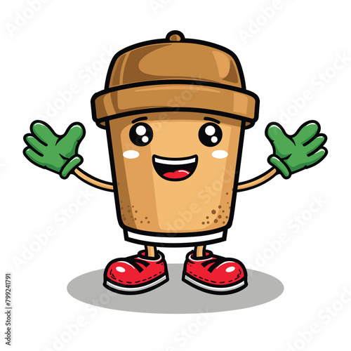 Cute cartoon coffee cup mascot character flat vector illustration