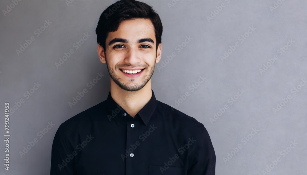 Young man with beautiful smile on grey background. Teeth whitening Young man with beautiful smile on grey background. Teeth whitening