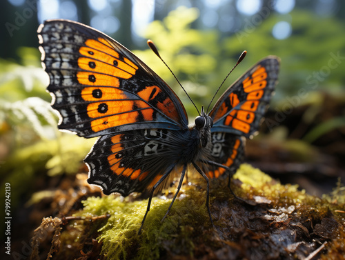 Un gros plan d'un papillon orange et noir reposant sur du bois couvert de mousse, avec ses ailes largement déployées sur fond de forêt à l'aube. photo