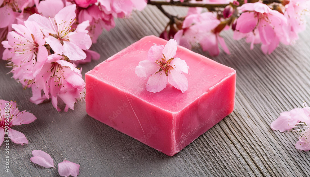 Close-up of handmade soap bar and pink blossoms. Spa and selfcare organic product. Close-up of handmade soap bar and pink blossoms. Spa and selfcare organic product.