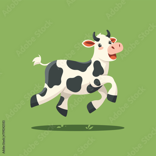 Cartoon cow with black spots joyfully jumping on a green background.
