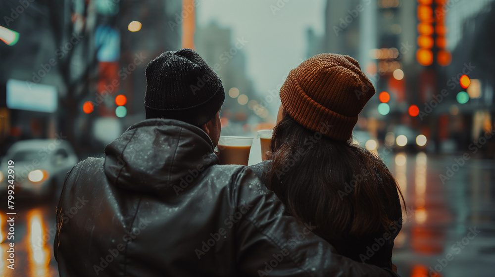 Back View of a Couple Drinking Coffee on a Rainy Day AI generation Back View of a Couple Drinking Coffee on a Rainy Day AI generation