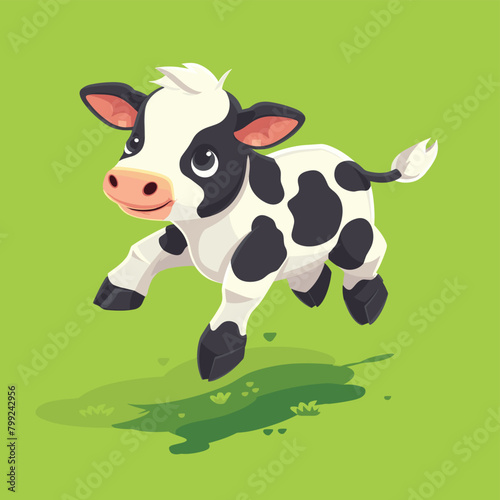 Playful cartoon cow jumping on a green grassy background. photo