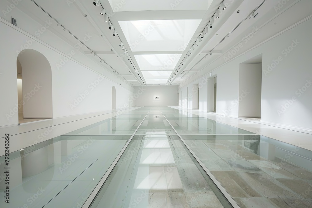 White Geometry: Modern Gallery Space with Glass Floors and Reflective Ceilings White Geometry: Modern Gallery Space with Glass Floors and Reflective Ceilings