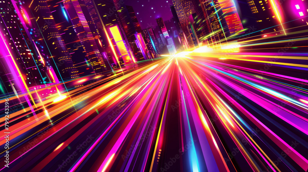 Dynamic cityscape illustration with vibrant light trails capturing the fast-paced urban energy