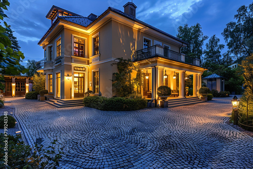 A classic house in soft gold, with a cobblestone driveway and elegant outdoor lighting.