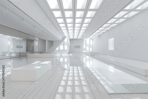 Bright Geometry: Monochromatic Exhibition Space with Reflective Wooden Floors