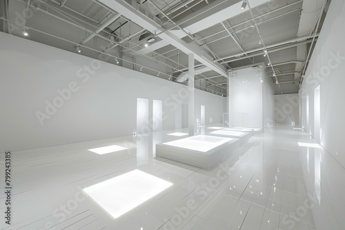 White Geometric Minimalist Exhibition Space with Reflective High-Gloss Wooden Floors