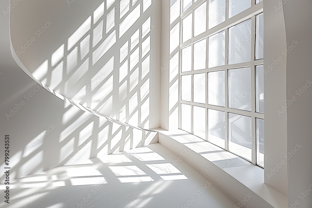 Fototapeta premium Geometry of Light: Contemporary Minimalistic White Room and Dynamic Shadows in Photography Studio and Gallery Architecture