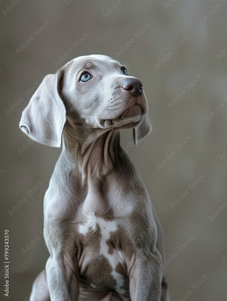 Weimaraner Puppy Sitting in Grey and Blue - Purebred Dog for Hunting