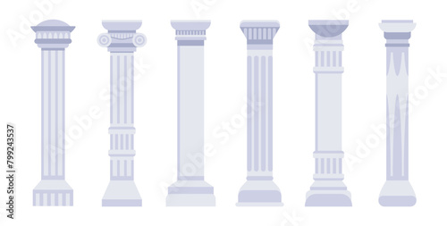 Marble antique columns and pillars of roman and greek architecture. Classic antique colonnade with carved stone